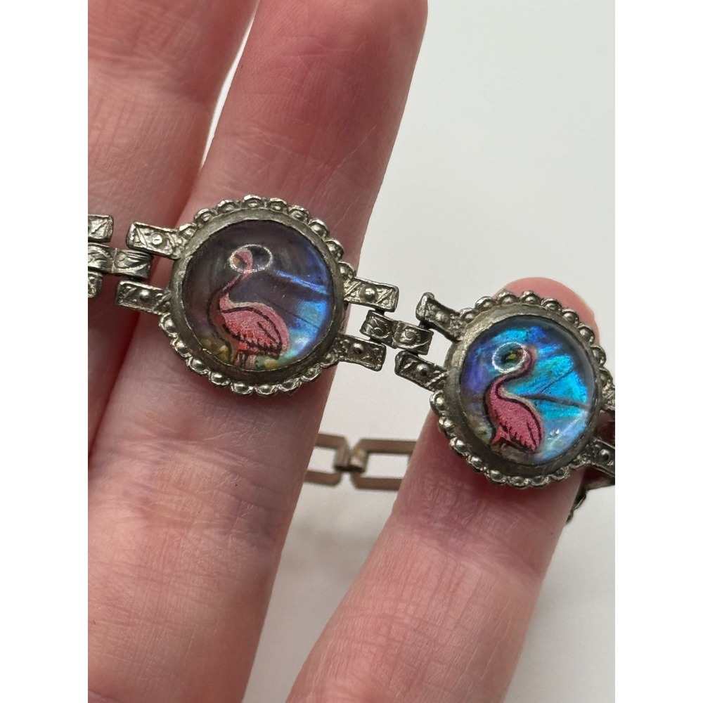 Vintage Pink Flamingo Butterfly Wing Silver Tone Bracelet - Picture 7 of 16